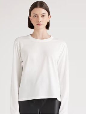 Quince Cotton Modal.Scoop Neck Long Sleeve Tee White NEW